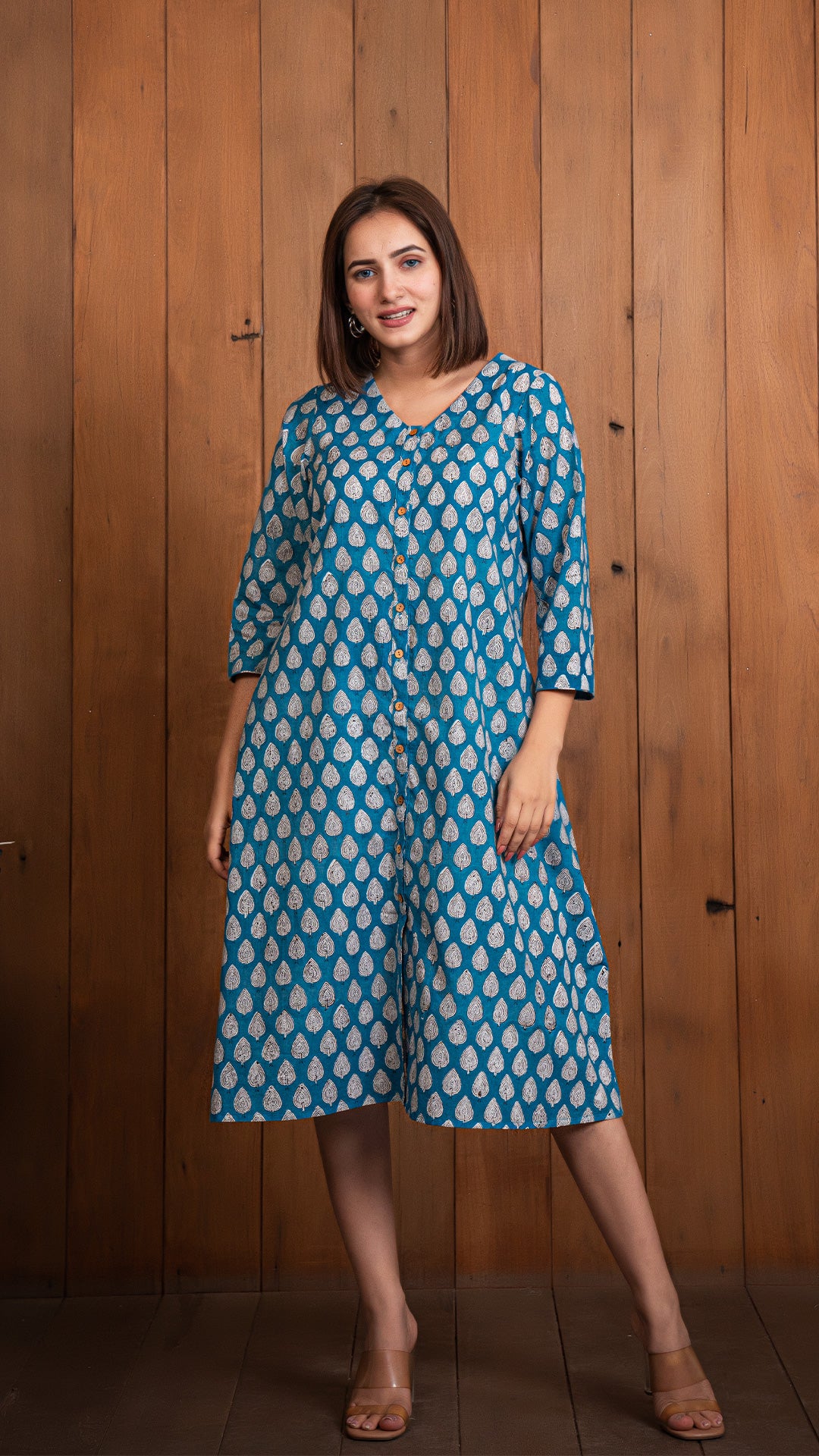 Ghazal Sanganeri Hand Block Cotton Shirt Dress - Blue