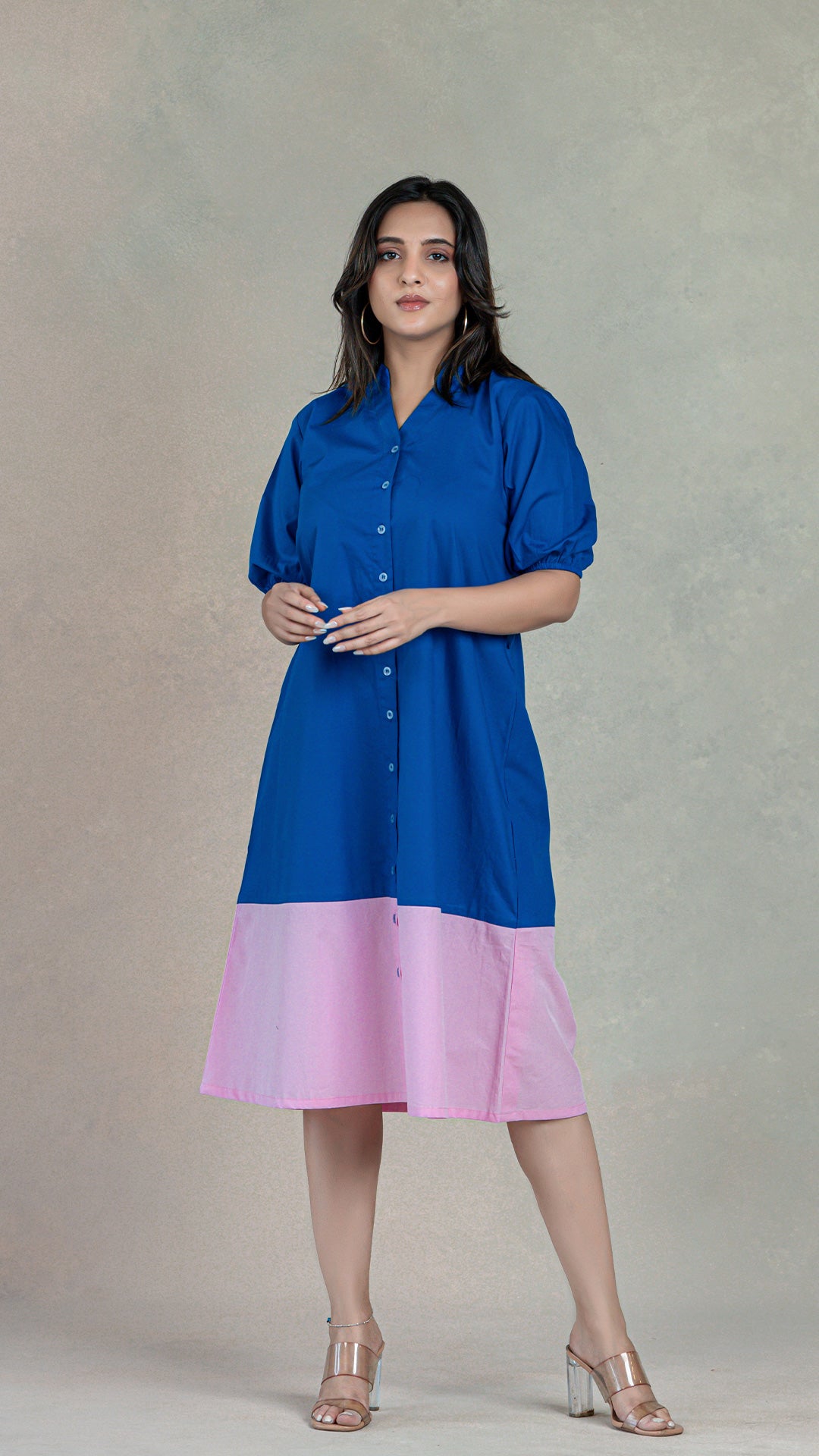 Blue - Pink Shirt Dress In Organic Cotton