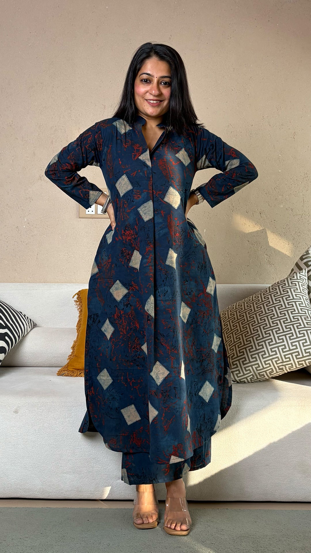 Nida Ajrakh Kali Kurta In Cotton - Indigo
