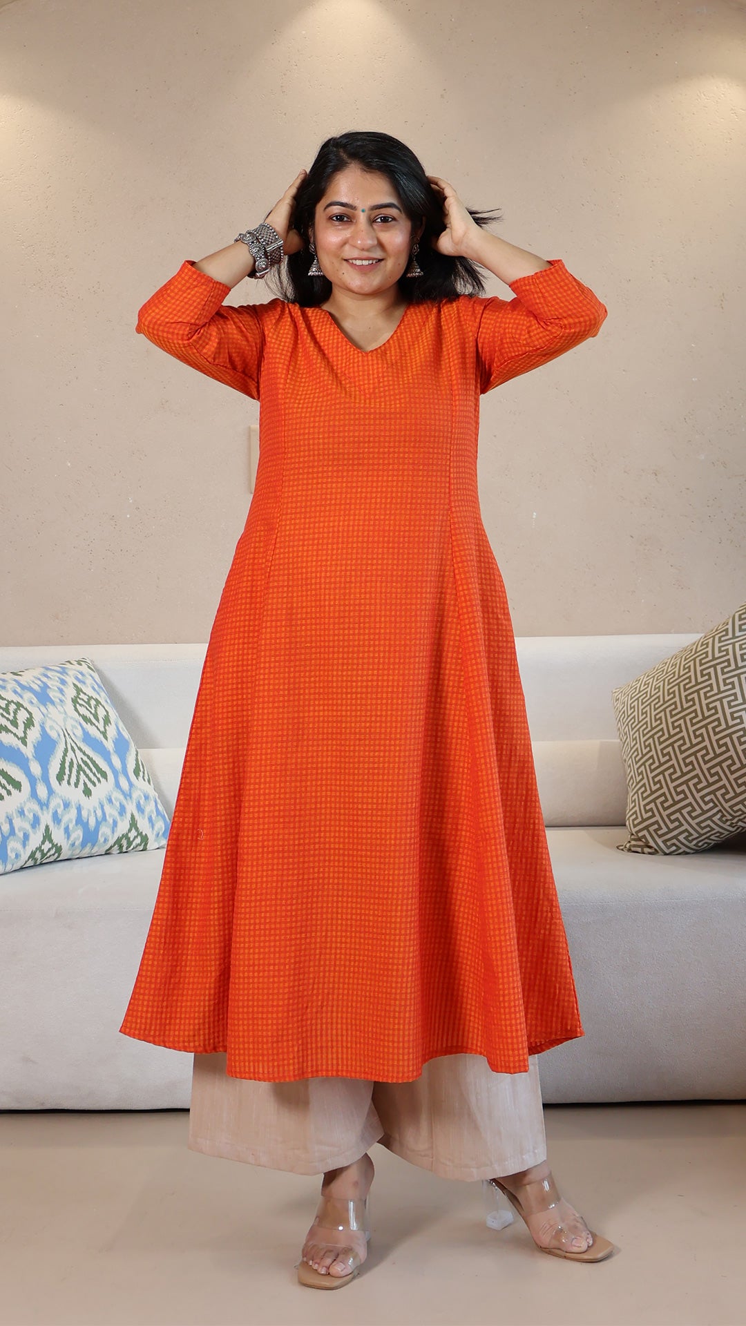 Orange Checkered Handwoven Cotton Kurta