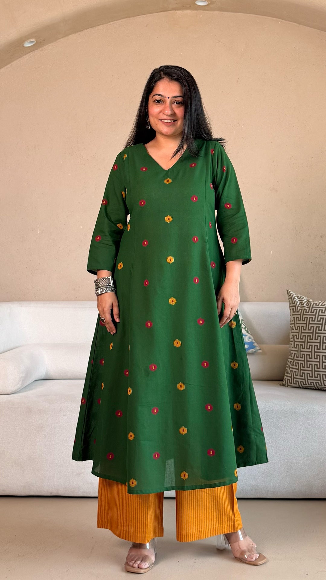 Shriya Handwoven Cotton Kurta- Green/Yellow