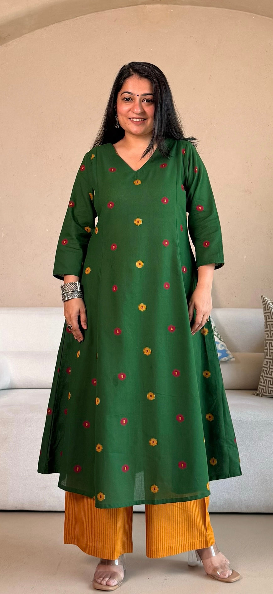 Shriya Handwoven Cotton Kurta- Green/Yellow