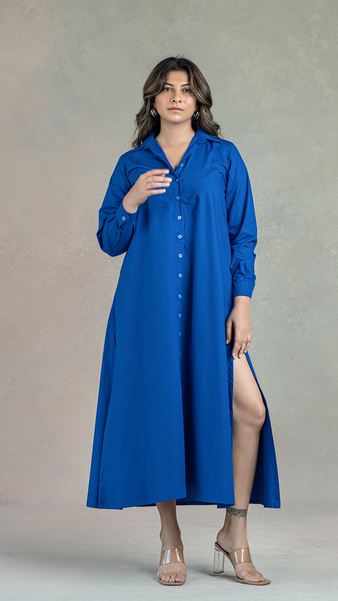 Royal Blue Shirt Dress With Slits In Organic Cotton