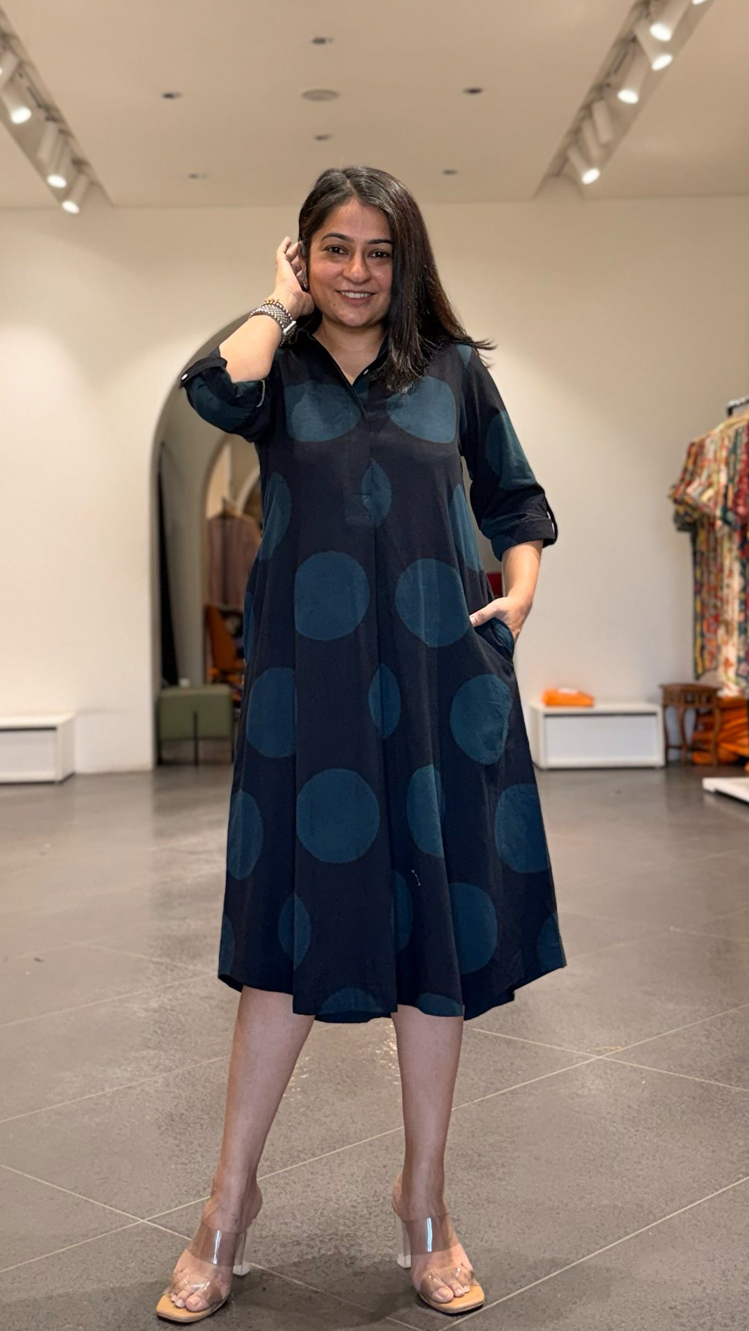 Black Polka Dots Cotton Shirt Dress In Ajrakh