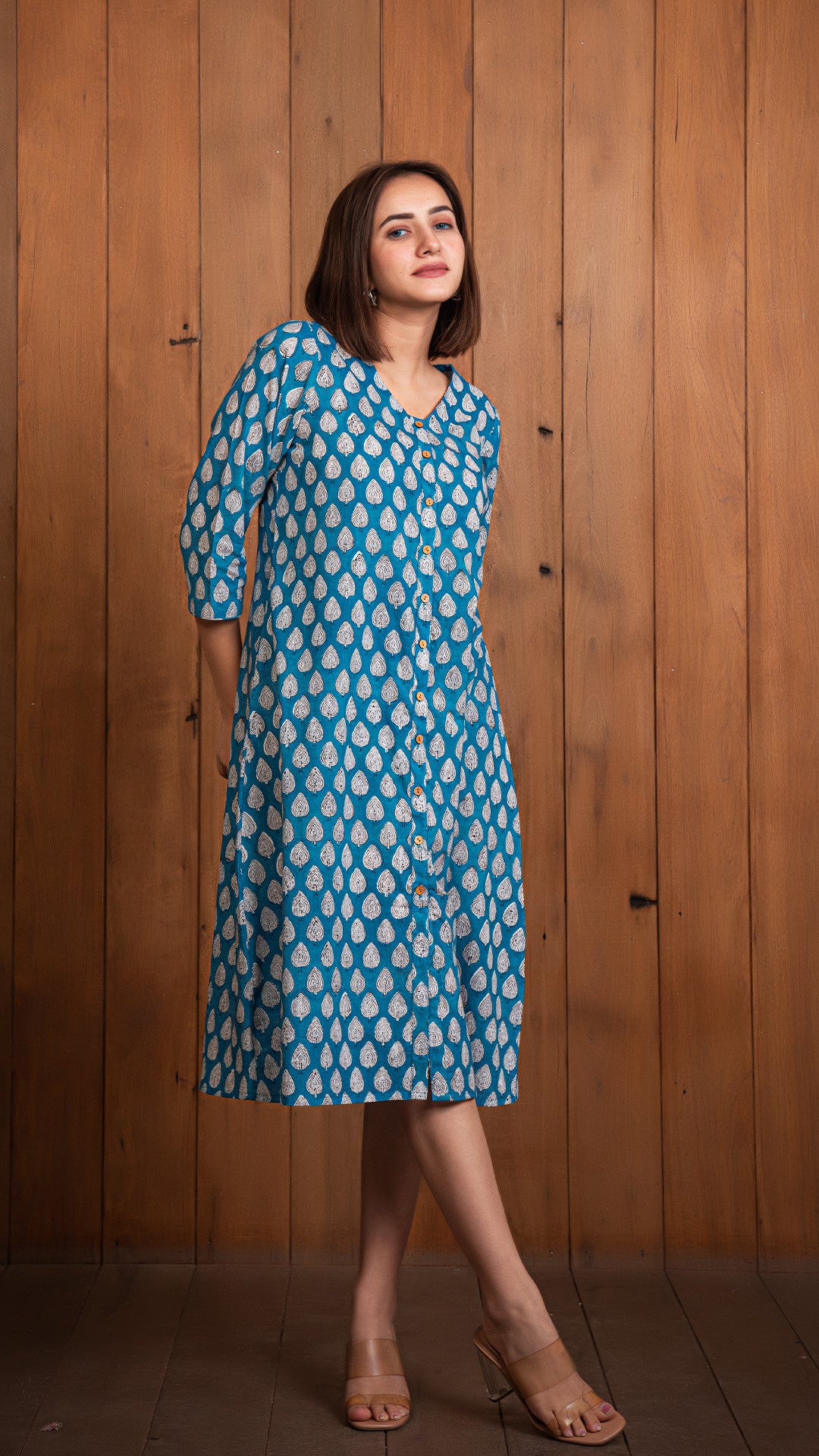 Ghazal Sanganeri Hand Block Cotton Shirt Dress - Blue