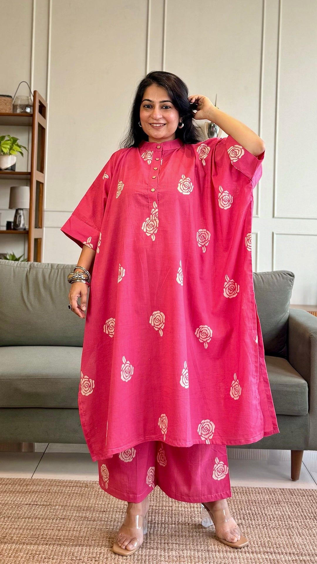Raahi Kaftan Co-ord In Cotton - Pink