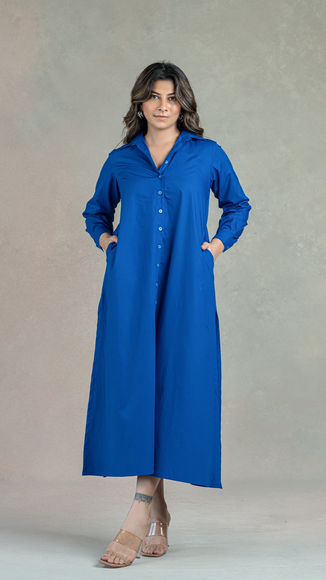 Royal Blue Shirt Dress With Slits In Organic Cotton