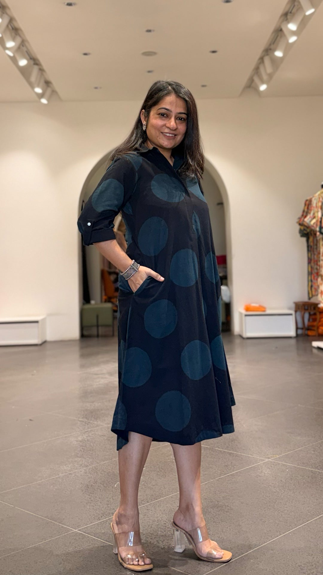 Black Polka Dots Cotton Shirt Dress In Ajrakh