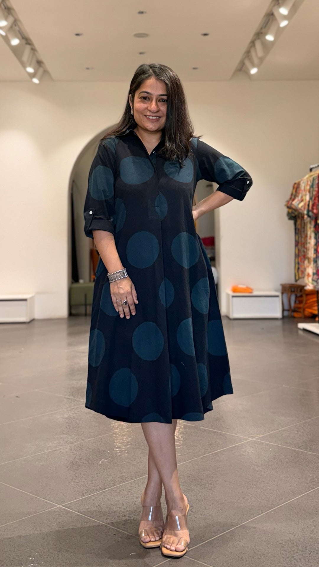 Black Polka Dots Cotton Shirt Dress In Ajrakh