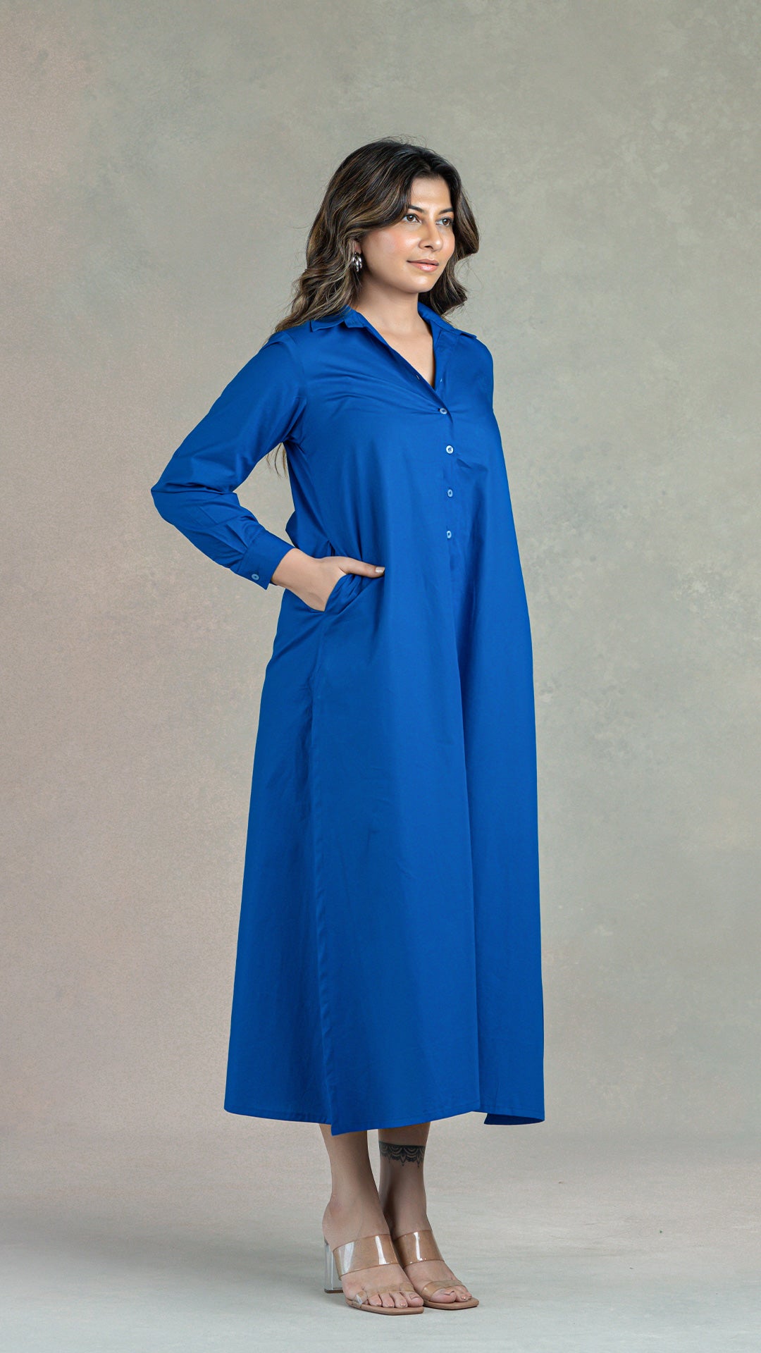 Royal Blue Shirt Dress With Slits In Organic Cotton