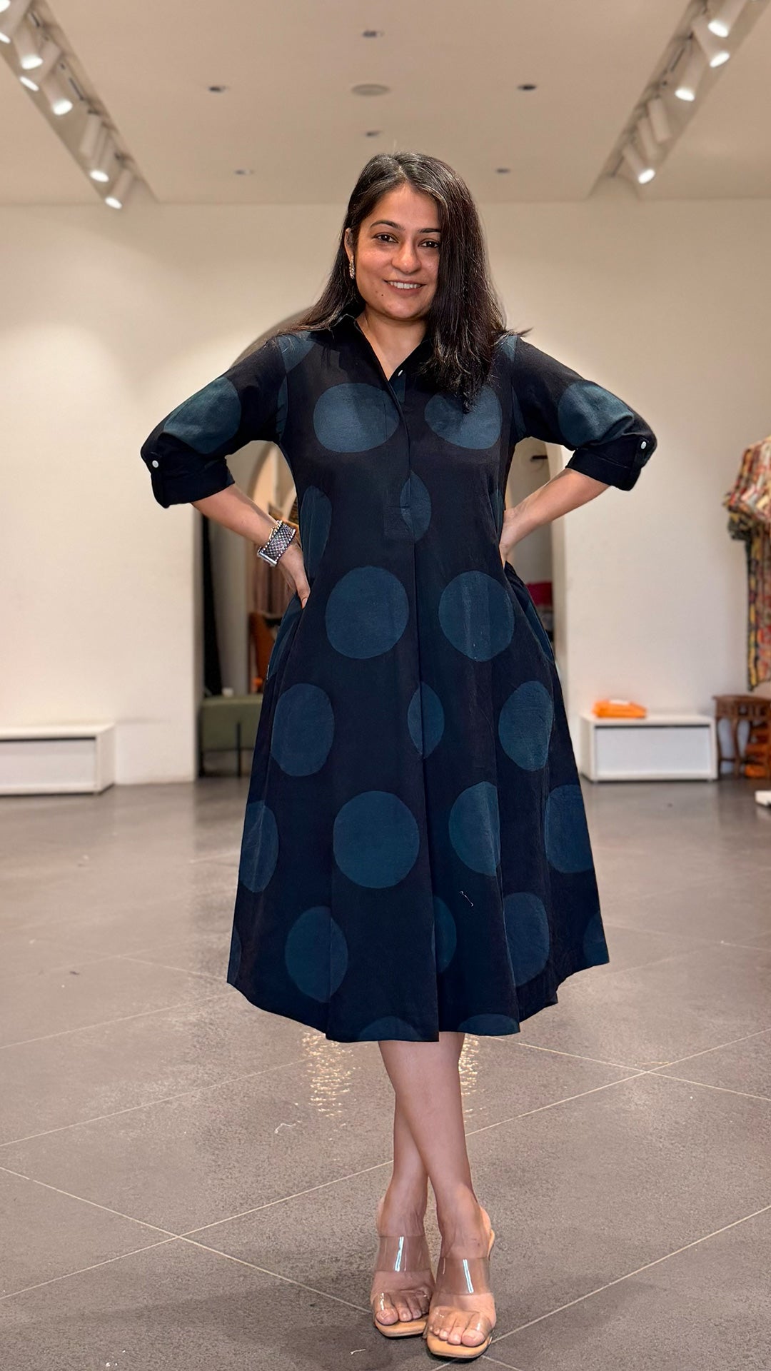 Black Polka Dots Cotton Shirt Dress In Ajrakh
