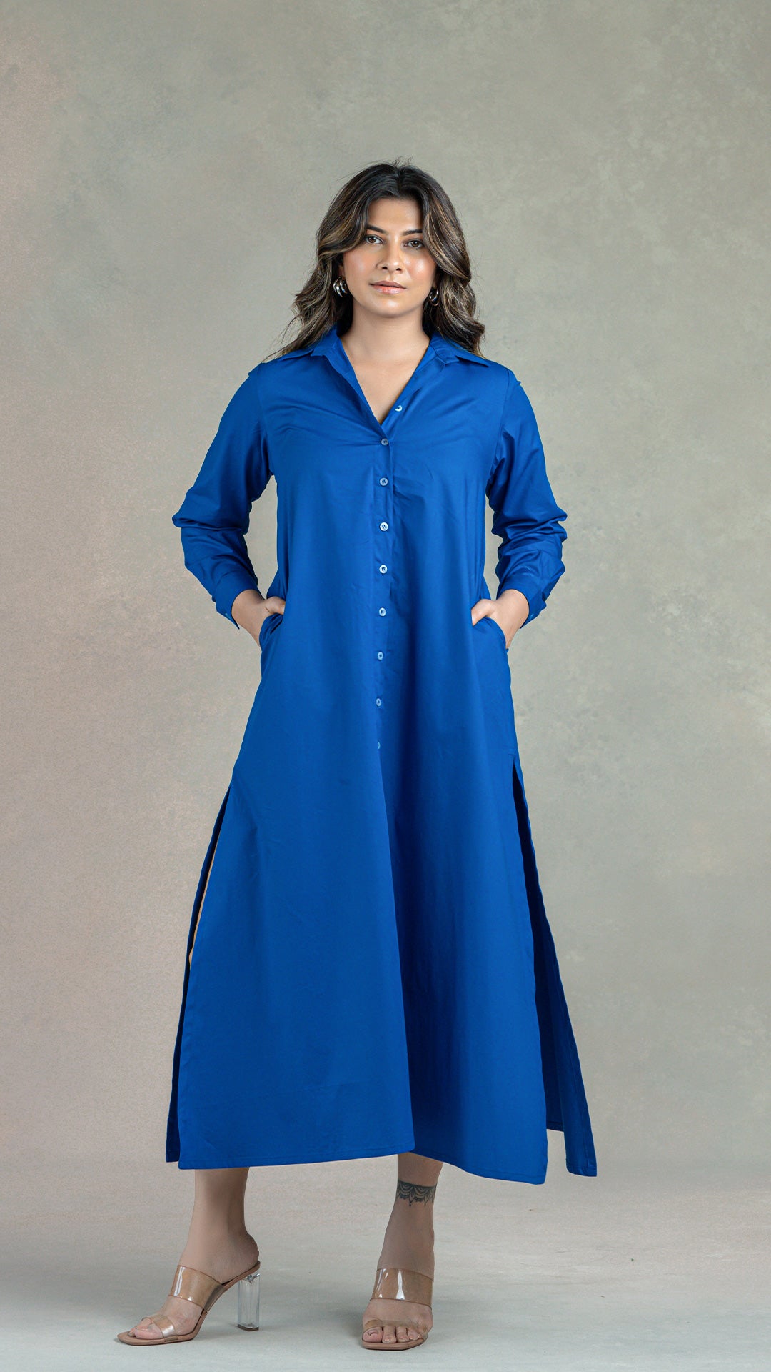 Royal Blue Shirt Dress With Slits In Organic Cotton