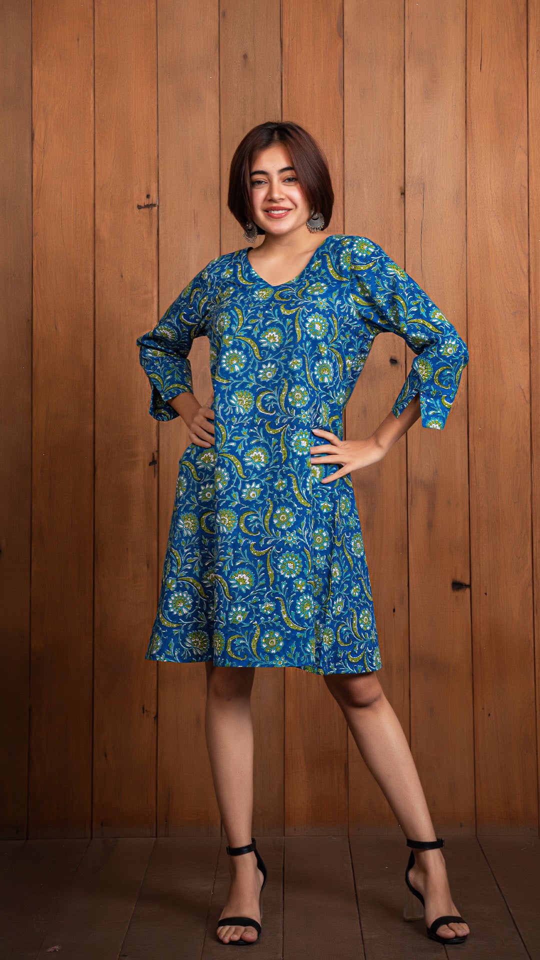 Anushka Sanganeri Hand Block Print Skater Dress - Blue