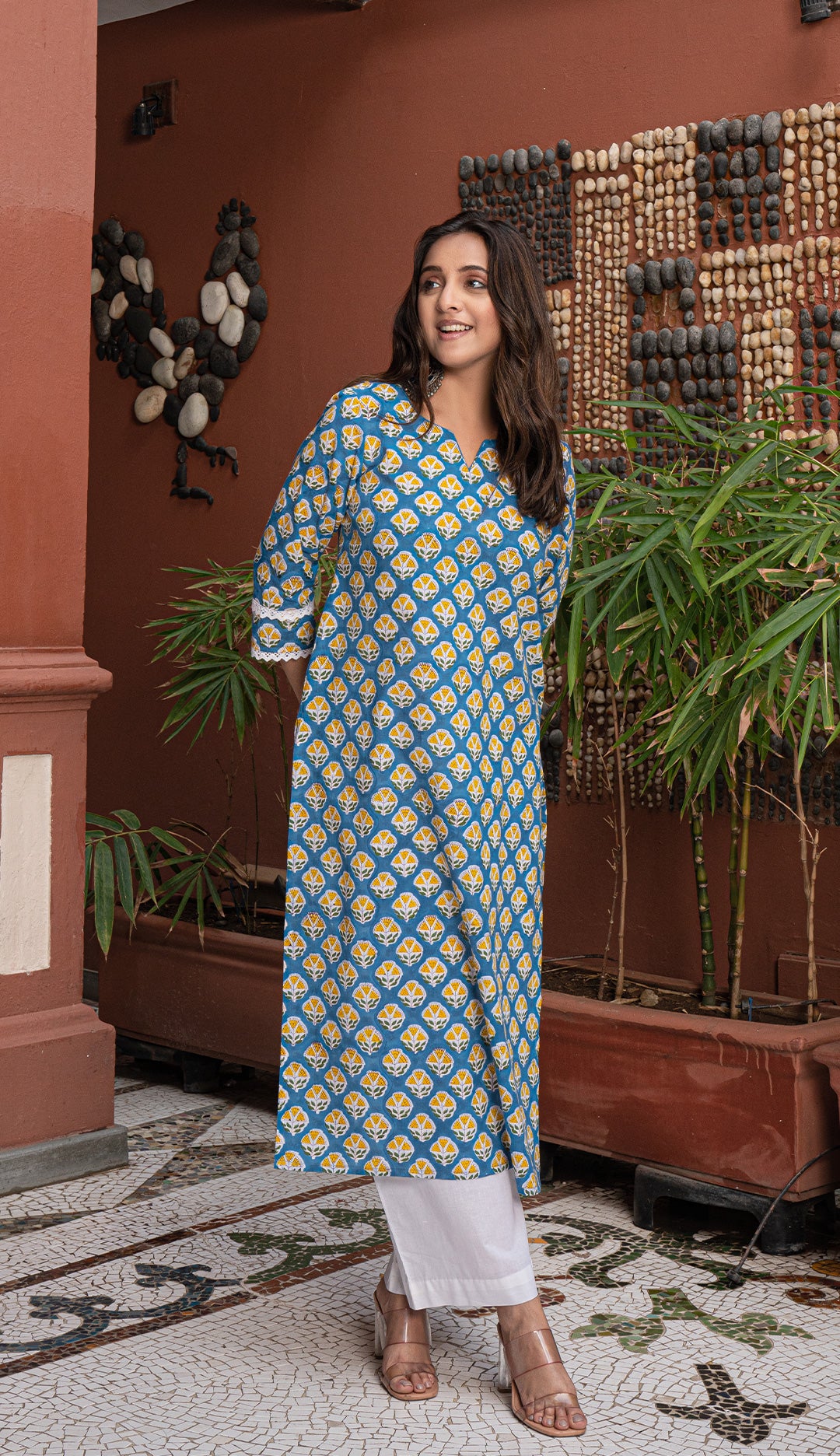 Sabreen Sanganeri Hand Block Cotton Kurta - Blue