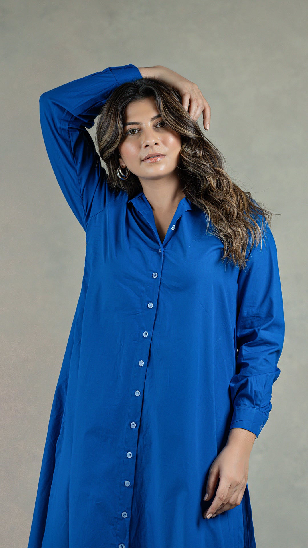 Royal Blue Shirt Dress With Slits In Organic Cotton