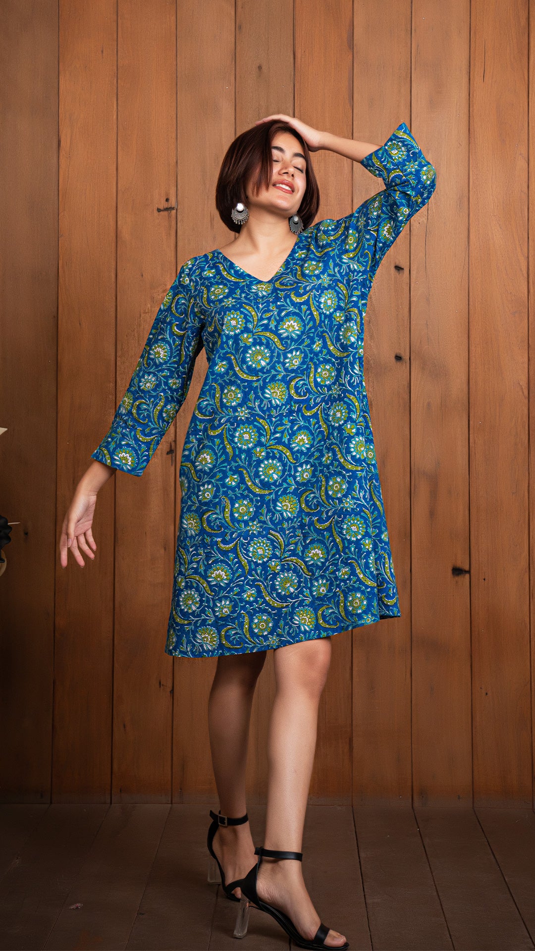 Anushka Sanganeri Hand Block Print Skater Dress - Blue