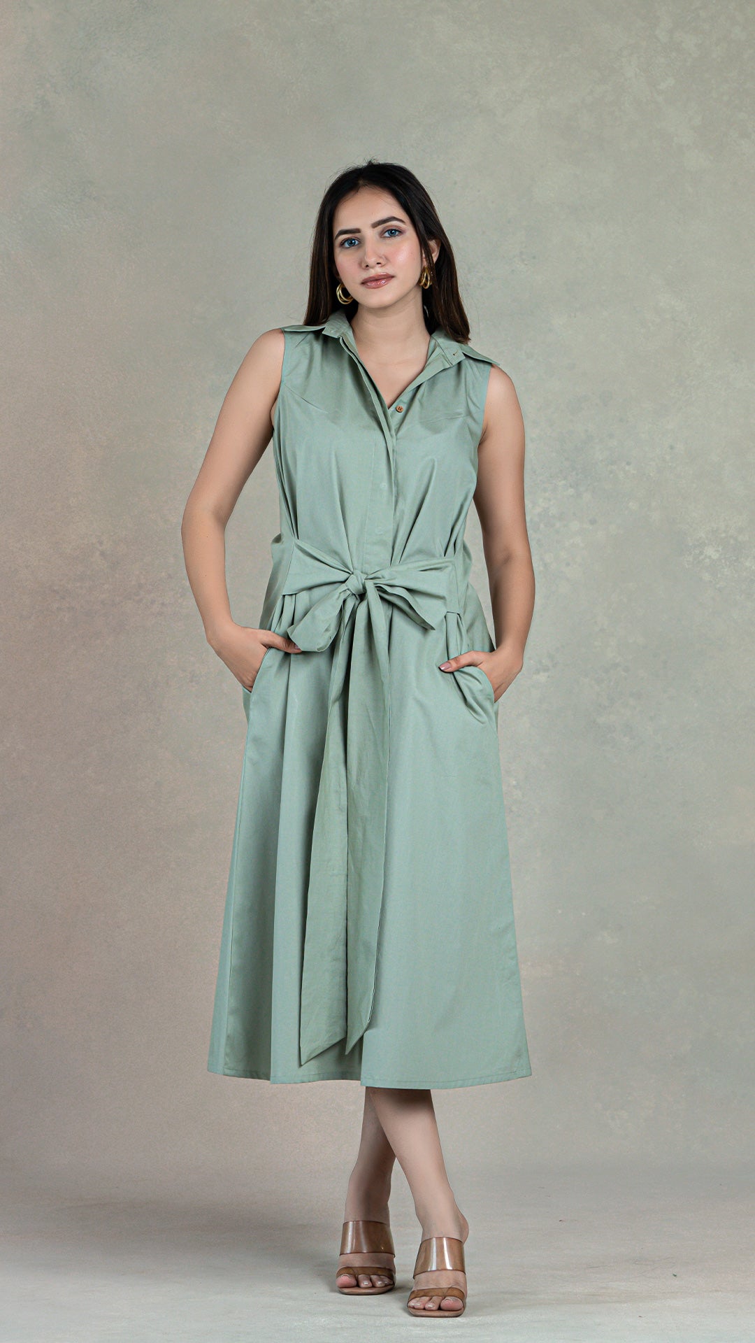 Sage Green Shirt Dress With Attached Belt In Organic Cotton