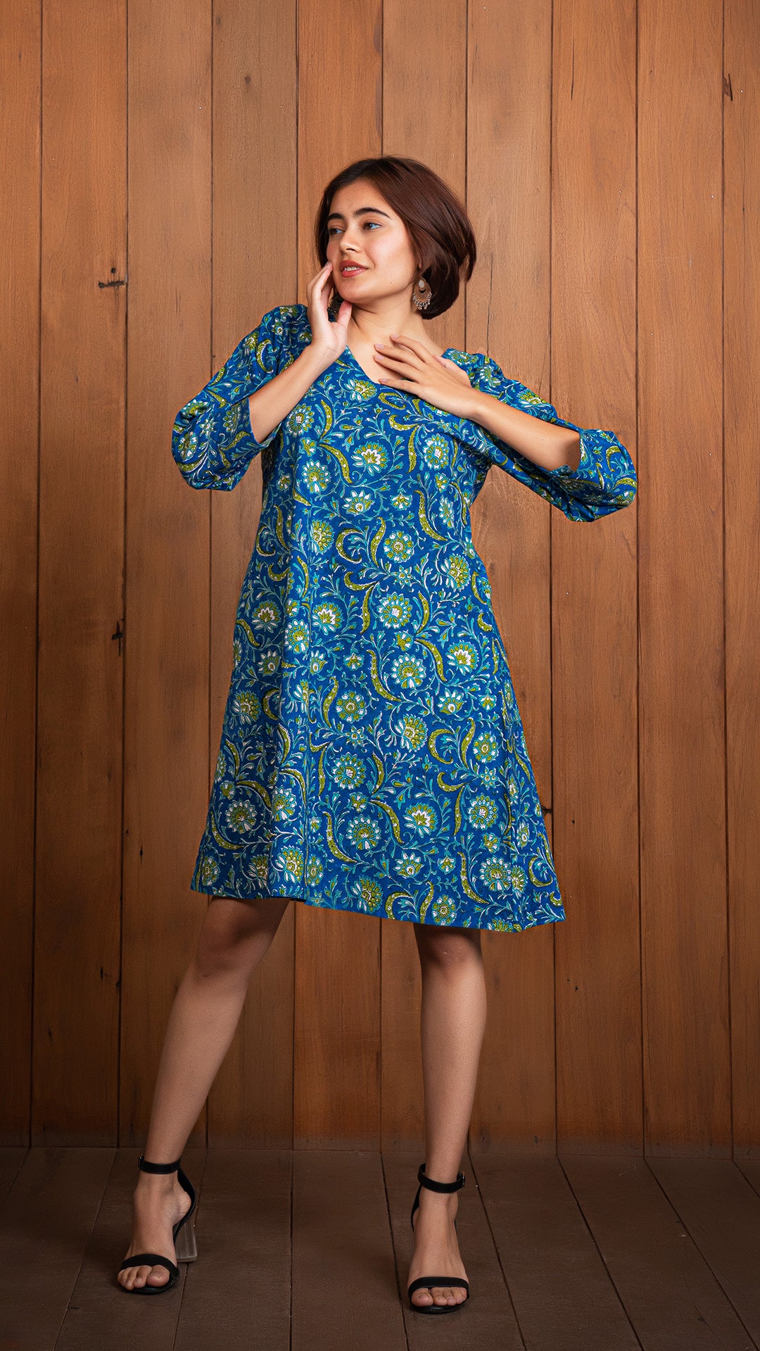 Anushka Sanganeri Hand Block Print Skater Dress - Blue