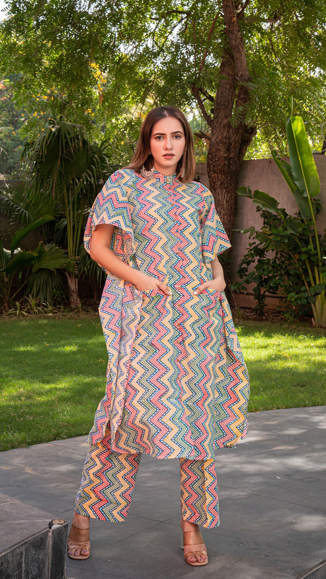 Multi Colour ZigZag Kaftan Co-ord Set In Cotton