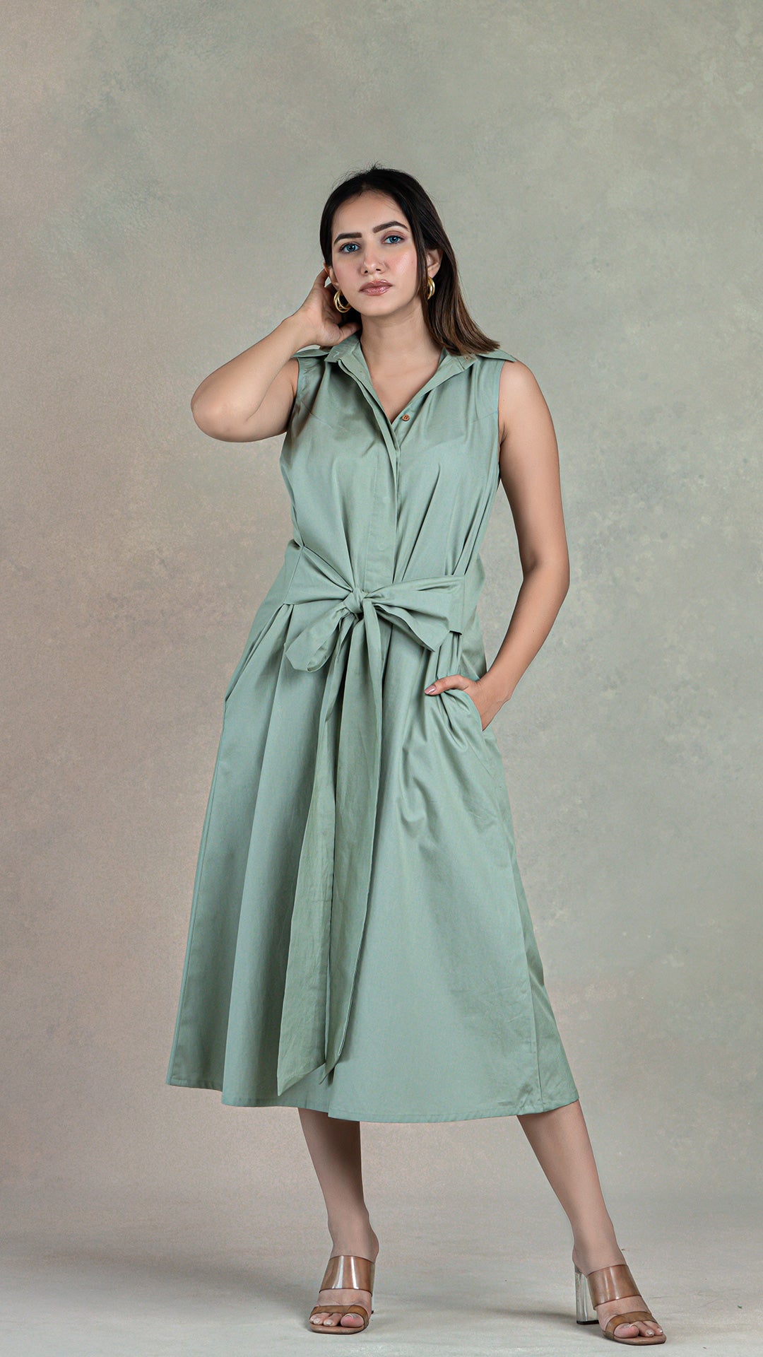 Sage Green Shirt Dress With Attached Belt In Organic Cotton