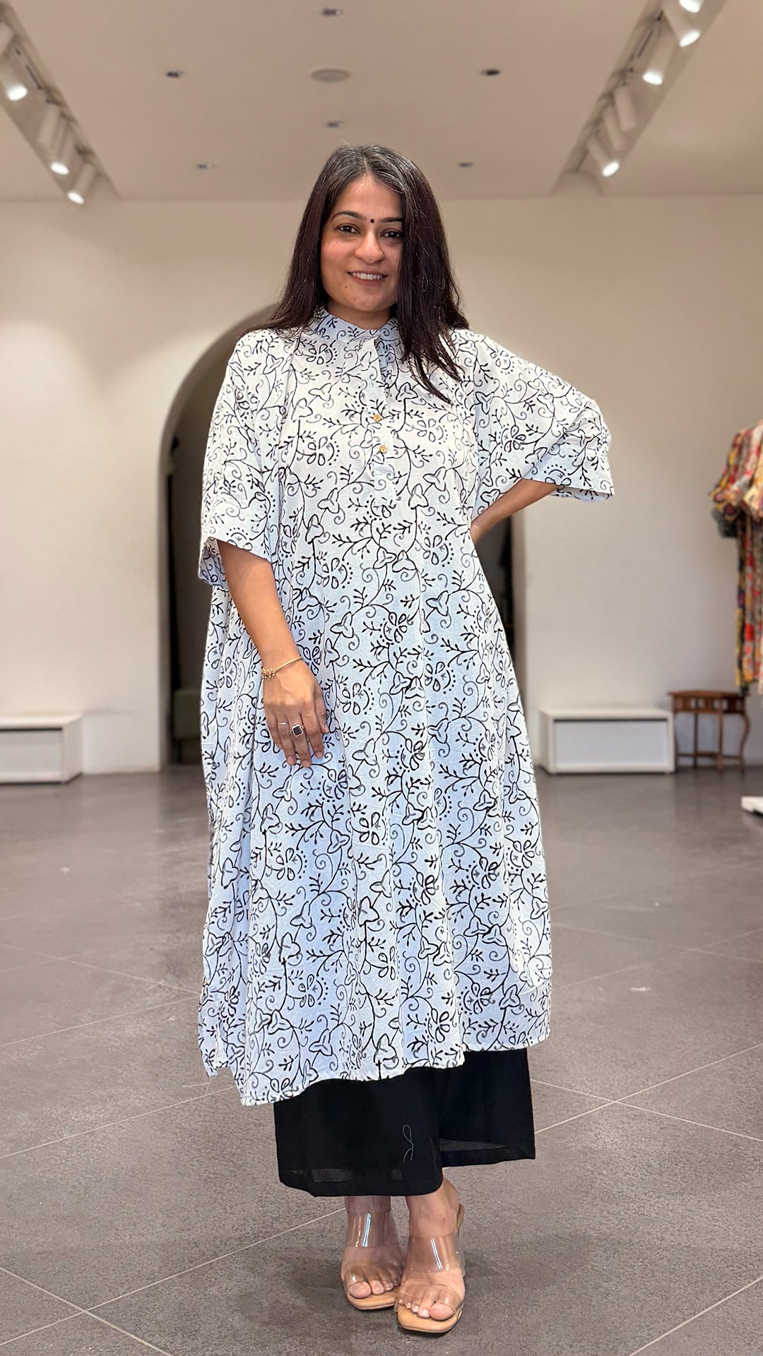 White and Black Floral Jaal Kaftan Co-ord In Cotton