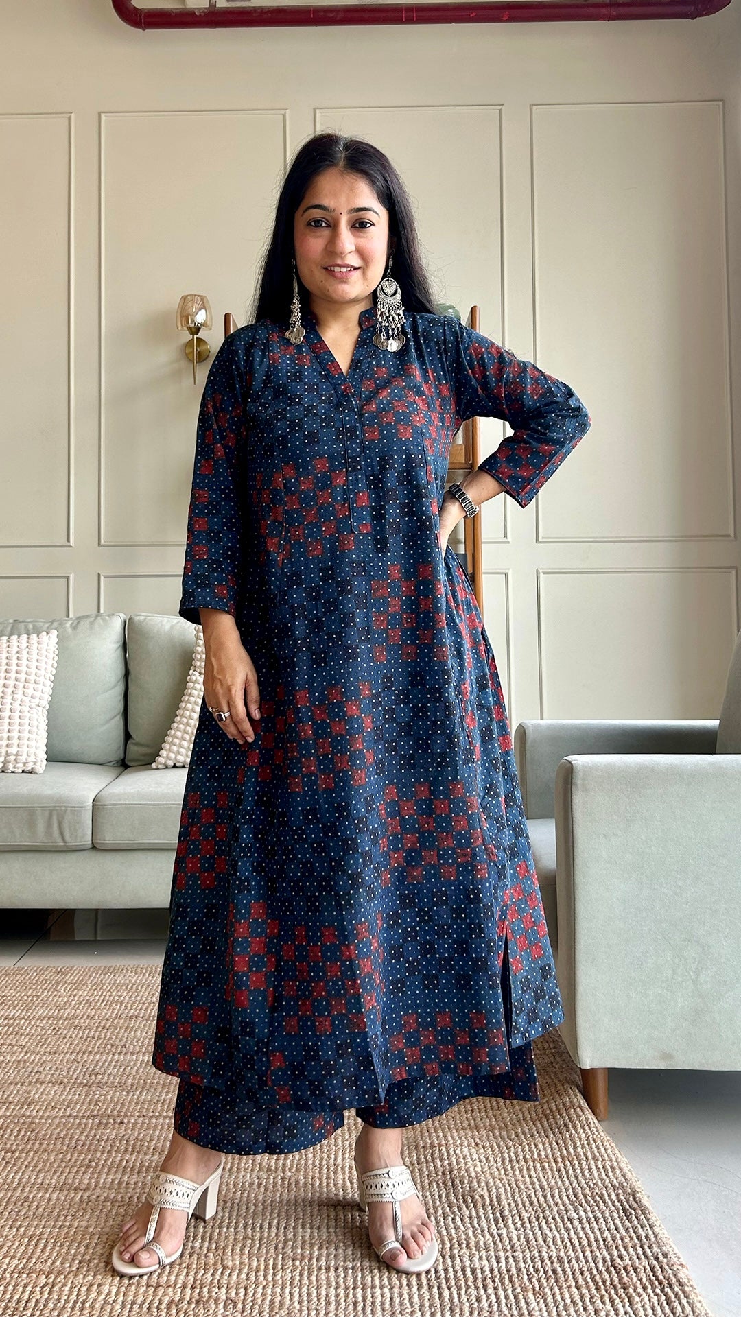 Sayeli Ajrakh Handblock Kali Kurta - Indigo