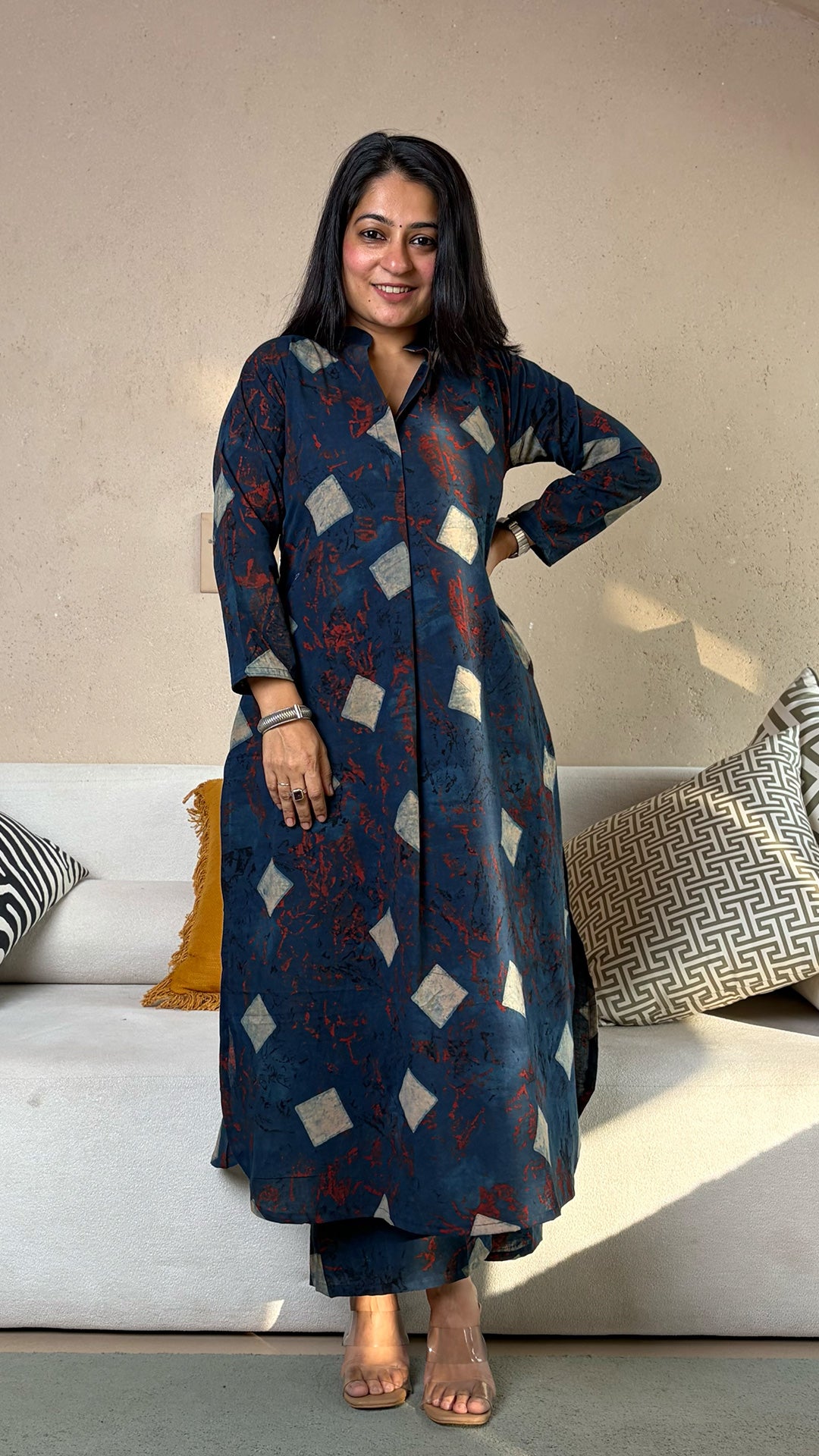 Nida Ajrakh Kali Kurta In Cotton - Indigo