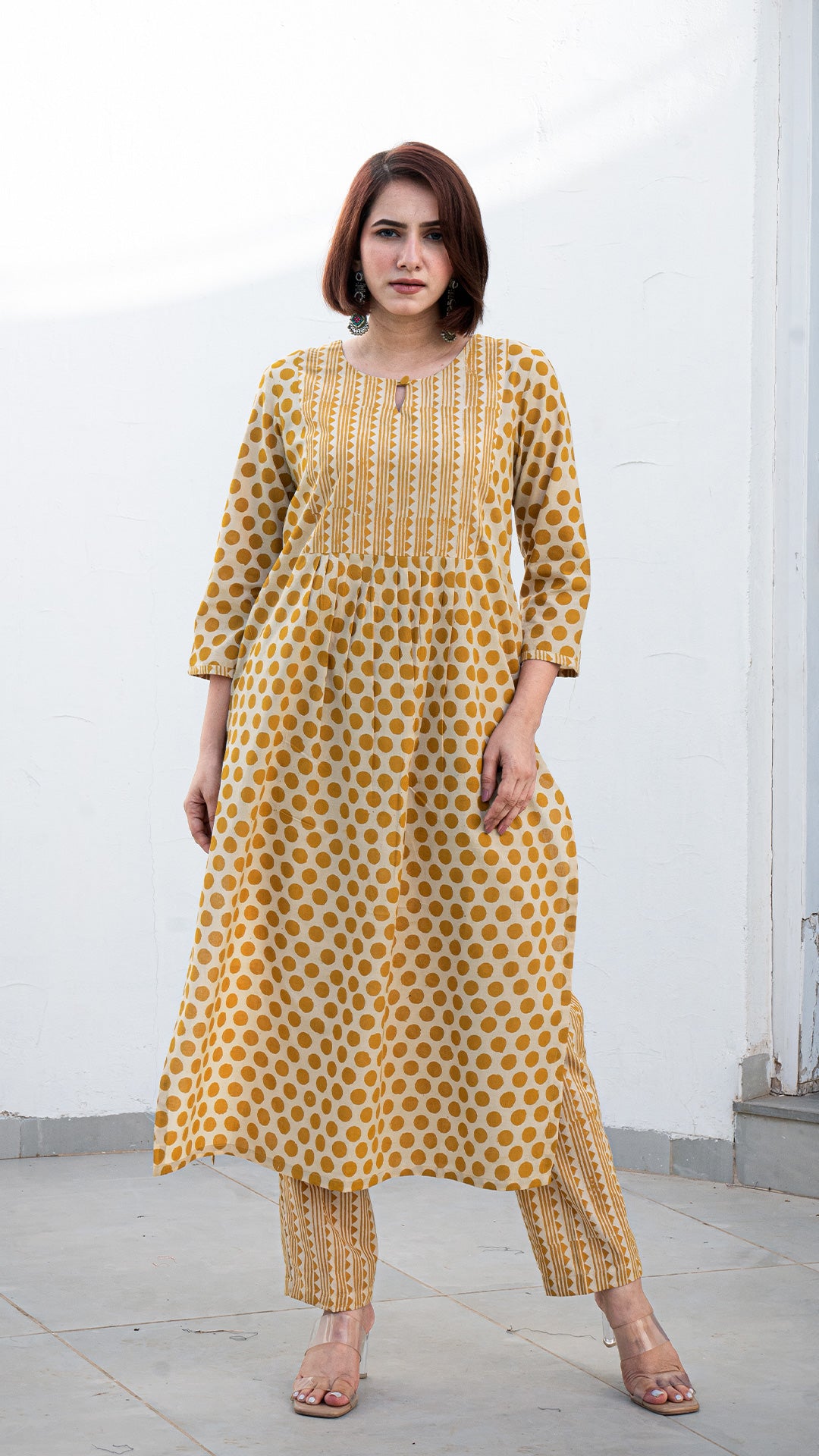 Anu Polka Dots Hand Block Pleated Cotton Kurta - Mustard