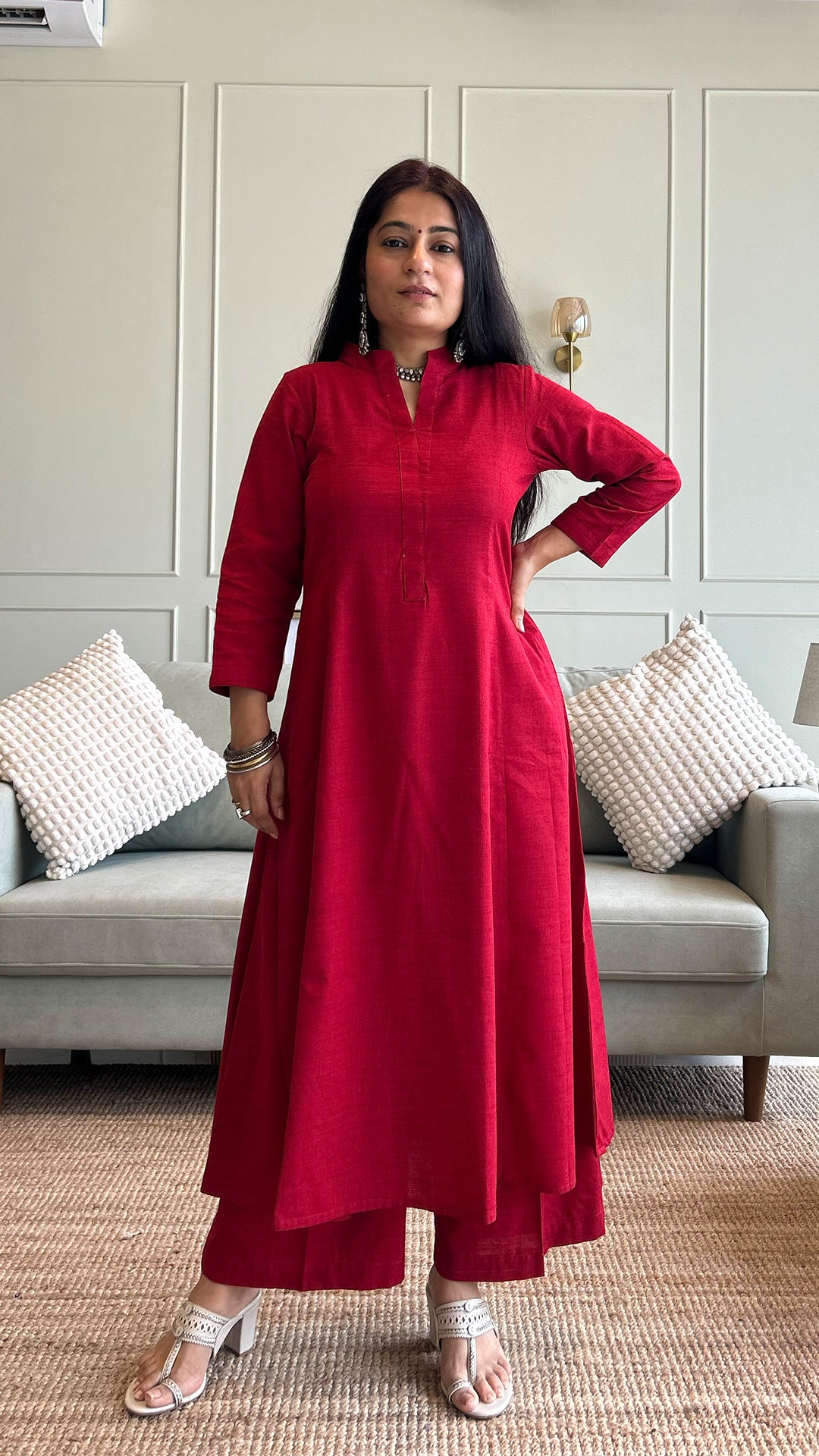 Solid Red Hand Woven Kali Cotton Kurta