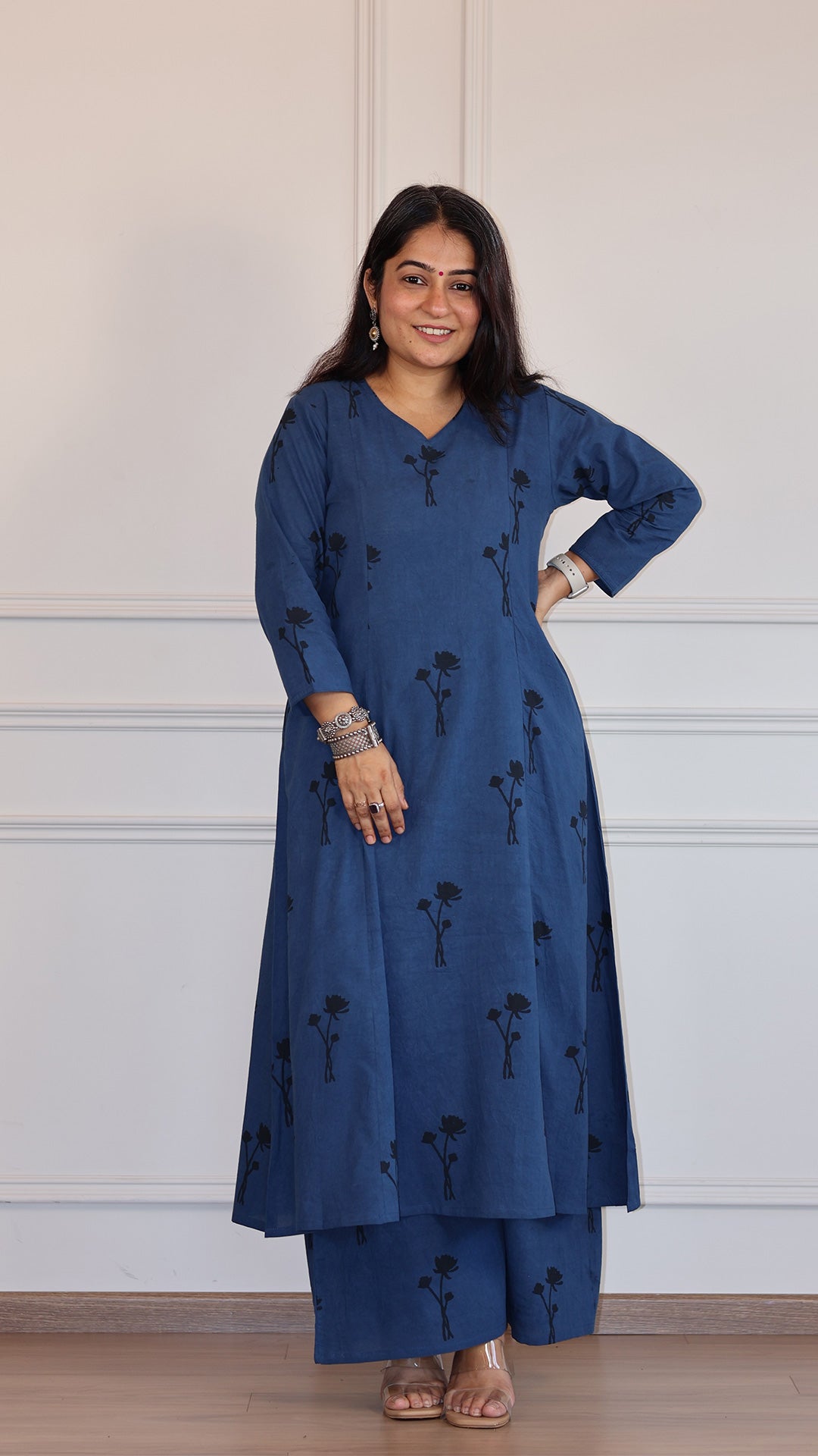 Aanvi Ajrakh Cotton Hand Block Kurta Set- Indigo/Black Floral