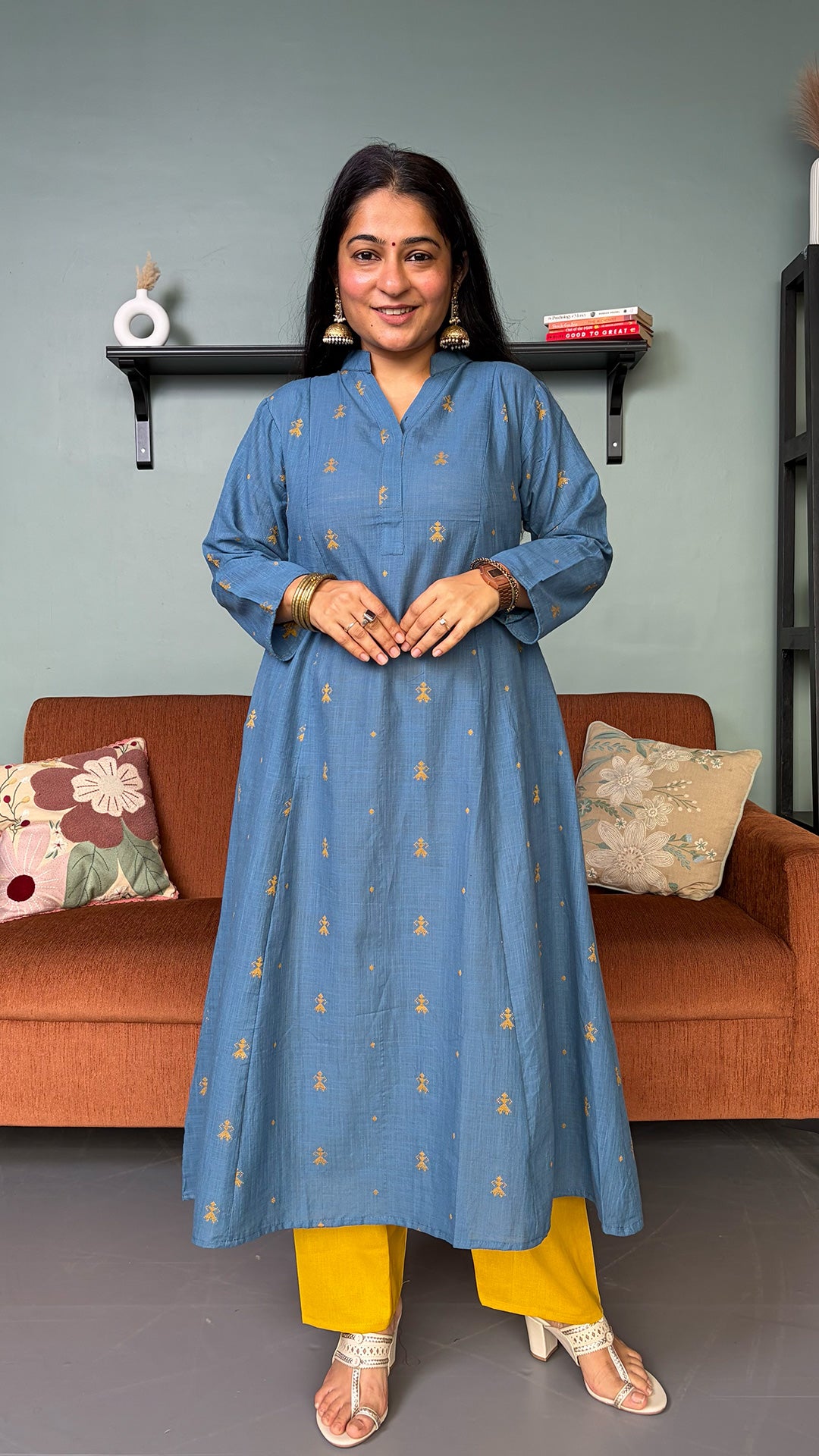 Natasha Blue Hand Woven Kali Cotton Kurta