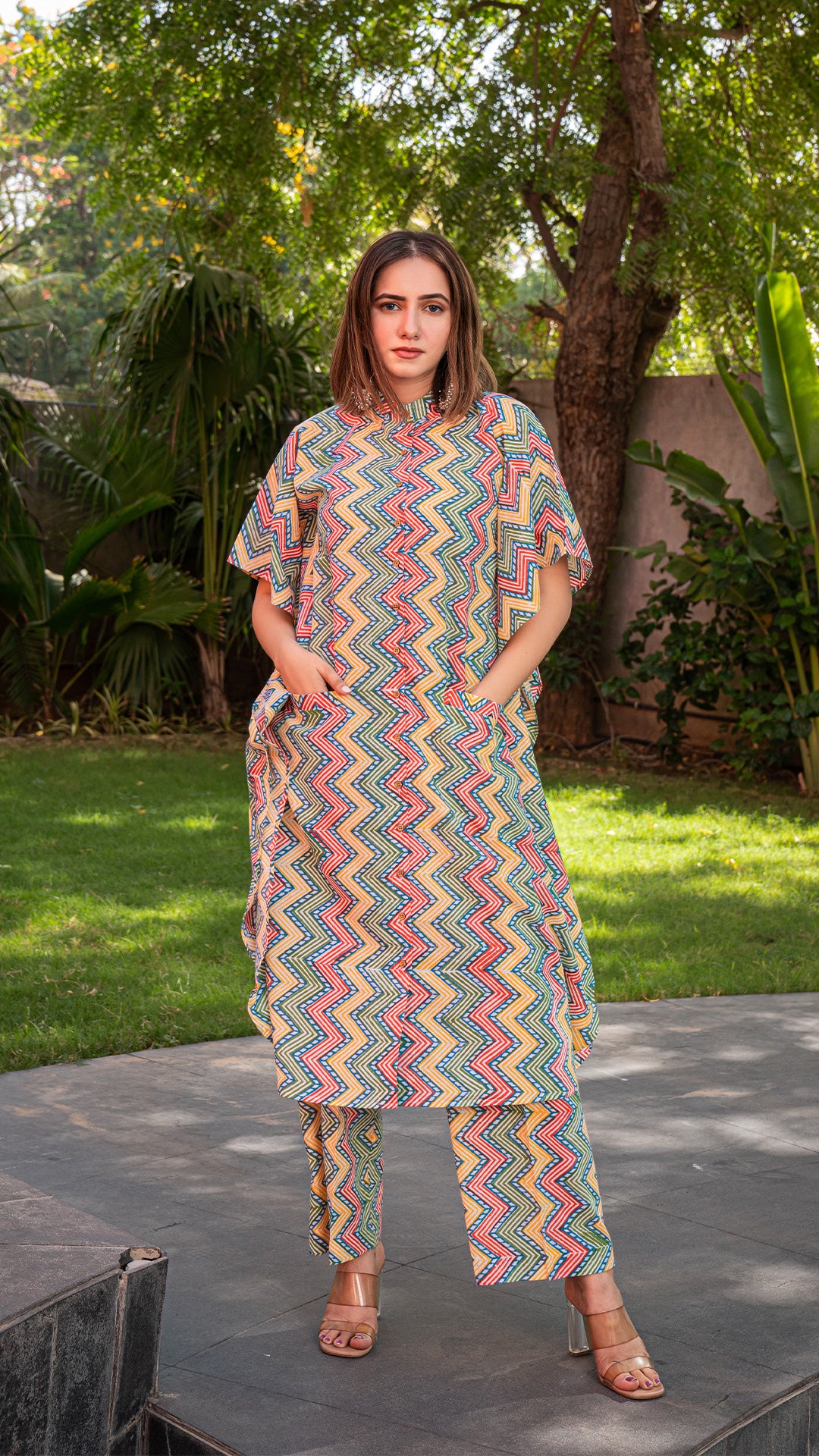 Multi Colour ZigZag Kaftan Co-ord Set In Cotton