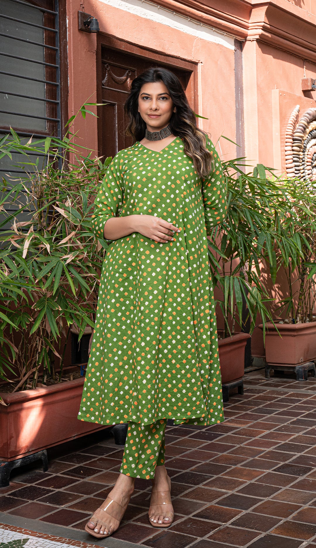 Green Bandhani Cotton Kurta