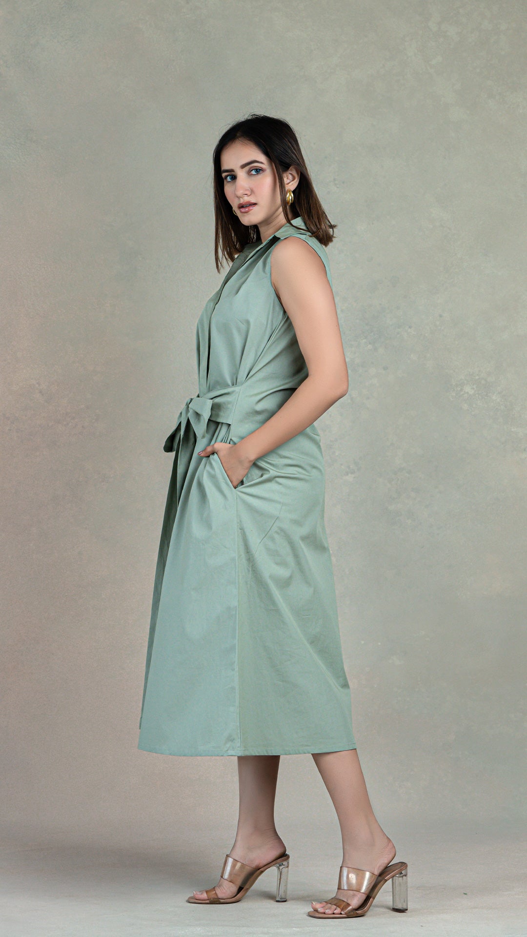 Sage Green Shirt Dress With Attached Belt In Organic Cotton