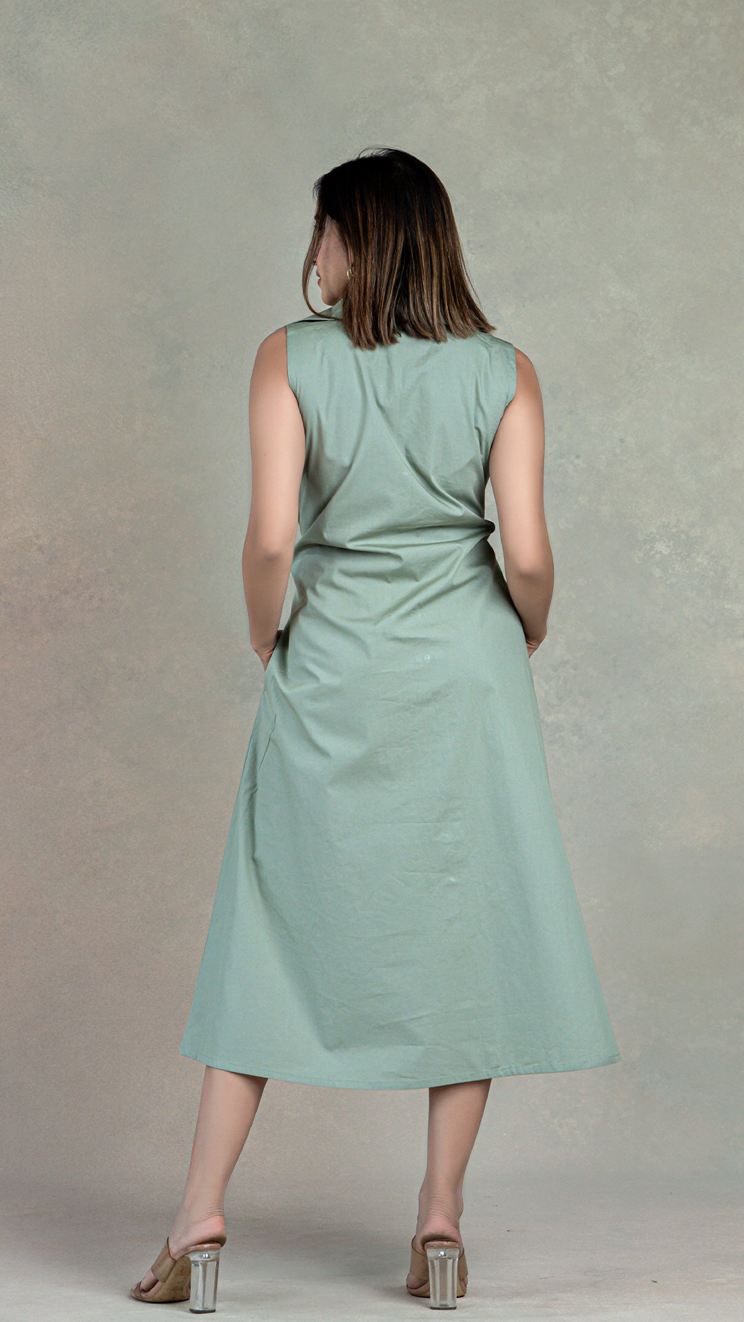 Sage Green Shirt Dress With Attached Belt In Organic Cotton