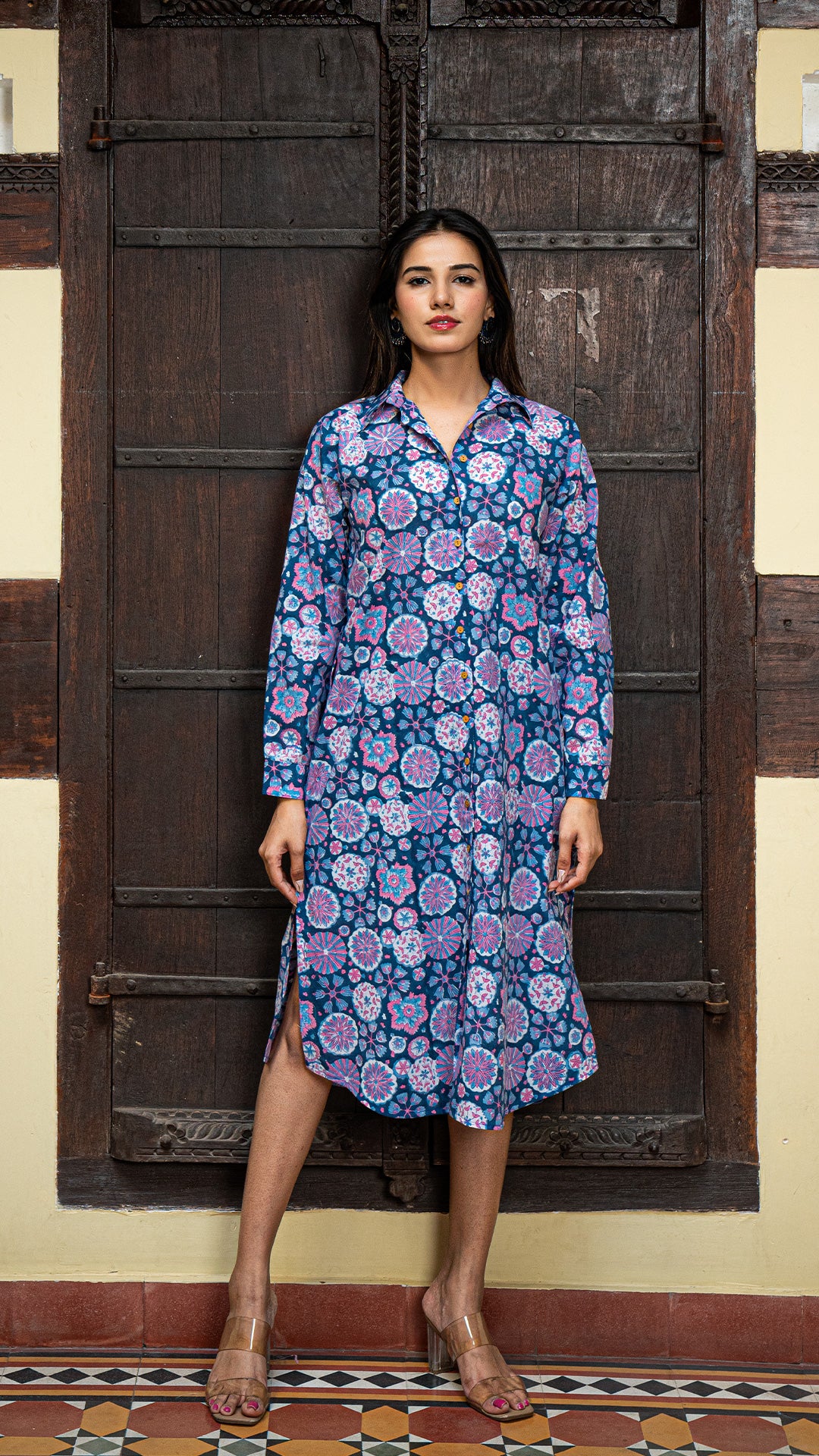 Zeel Sanganeri Print Cotton Shirt Dress - Blue