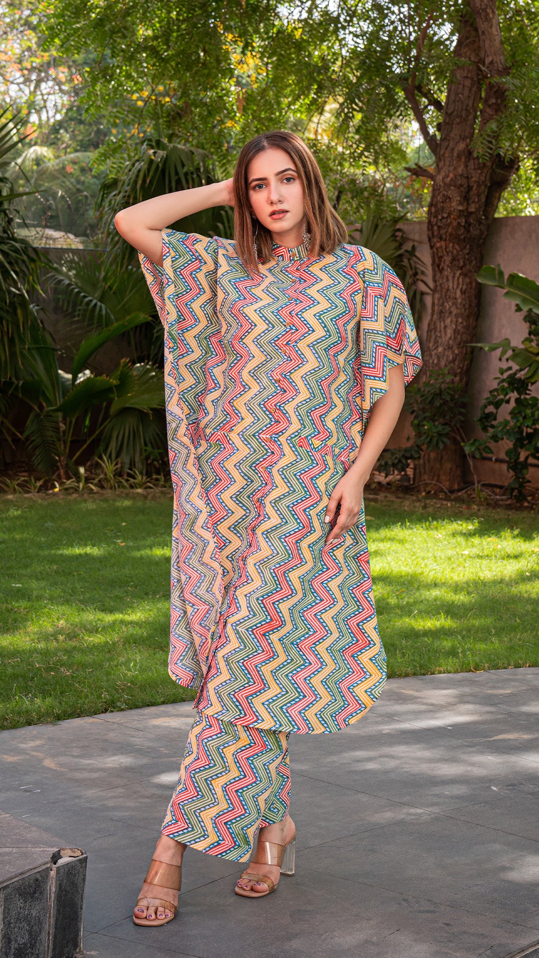 Multi Colour ZigZag Kaftan Co-ord Set In Cotton