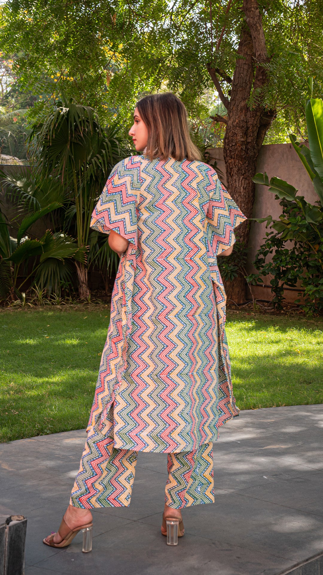 Multi Colour ZigZag Kaftan Co-ord Set In Cotton