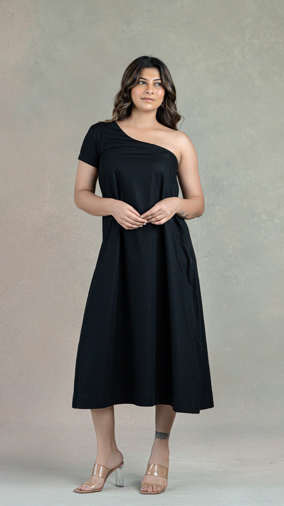 Black One Shoulder Dress In Organic Cotton