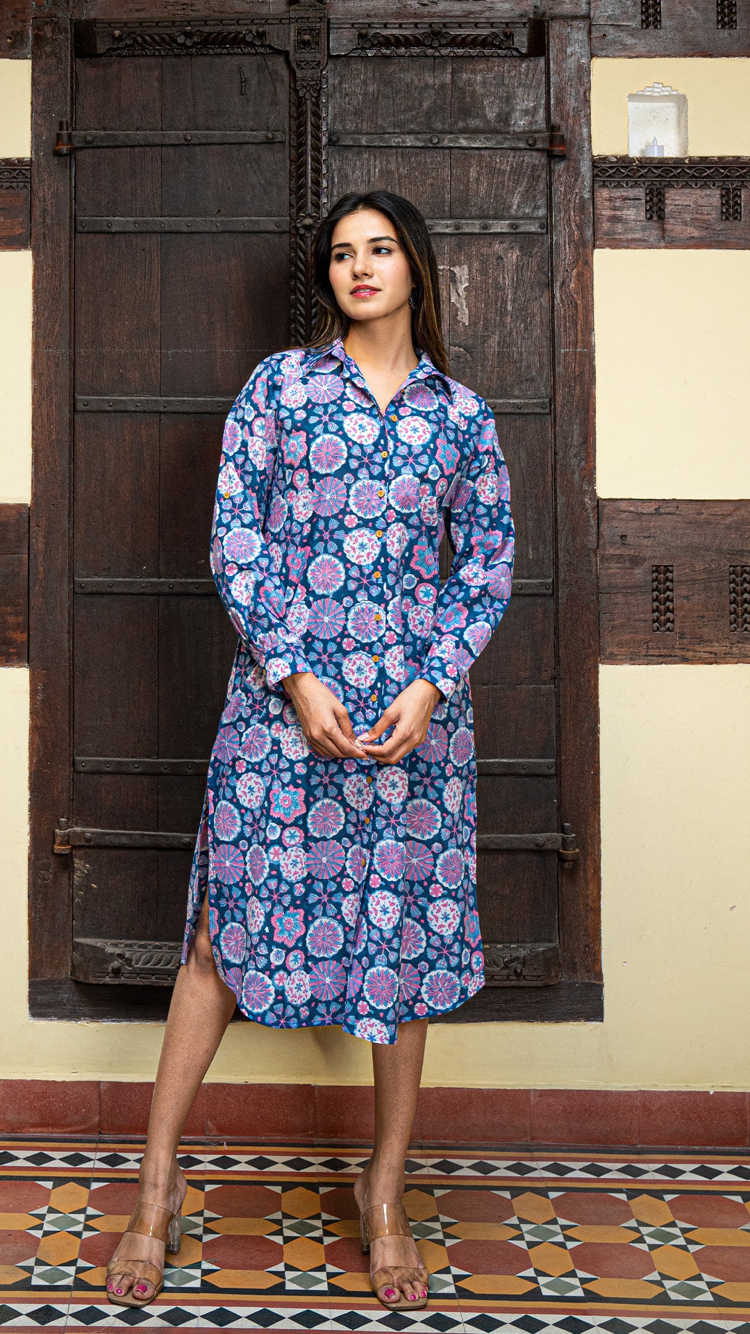 Zeel Sanganeri Print Cotton Shirt Dress - Blue