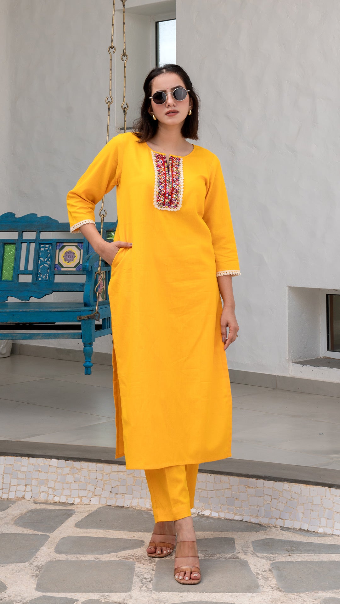 Yellow Cotton Kurta With Embroidered Patch