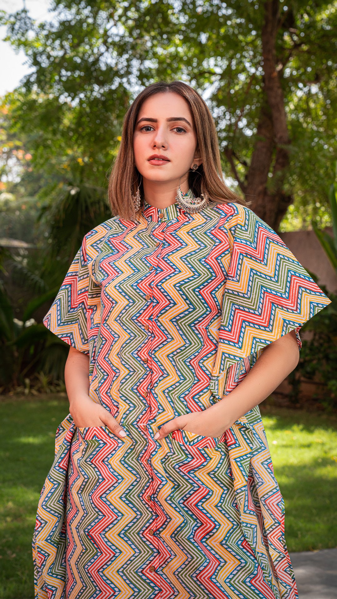 Multi Colour ZigZag Kaftan Co-ord Set In Cotton