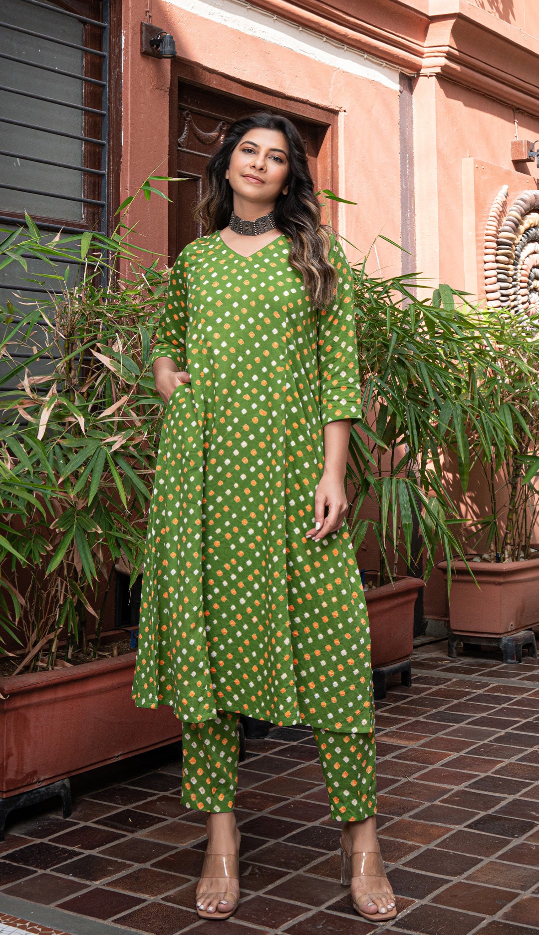 Green Bandhani Cotton Kurta