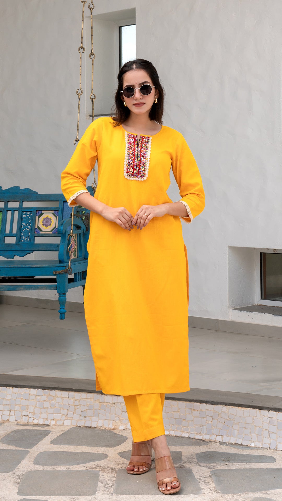 Yellow Cotton Kurta With Embroidered Patch