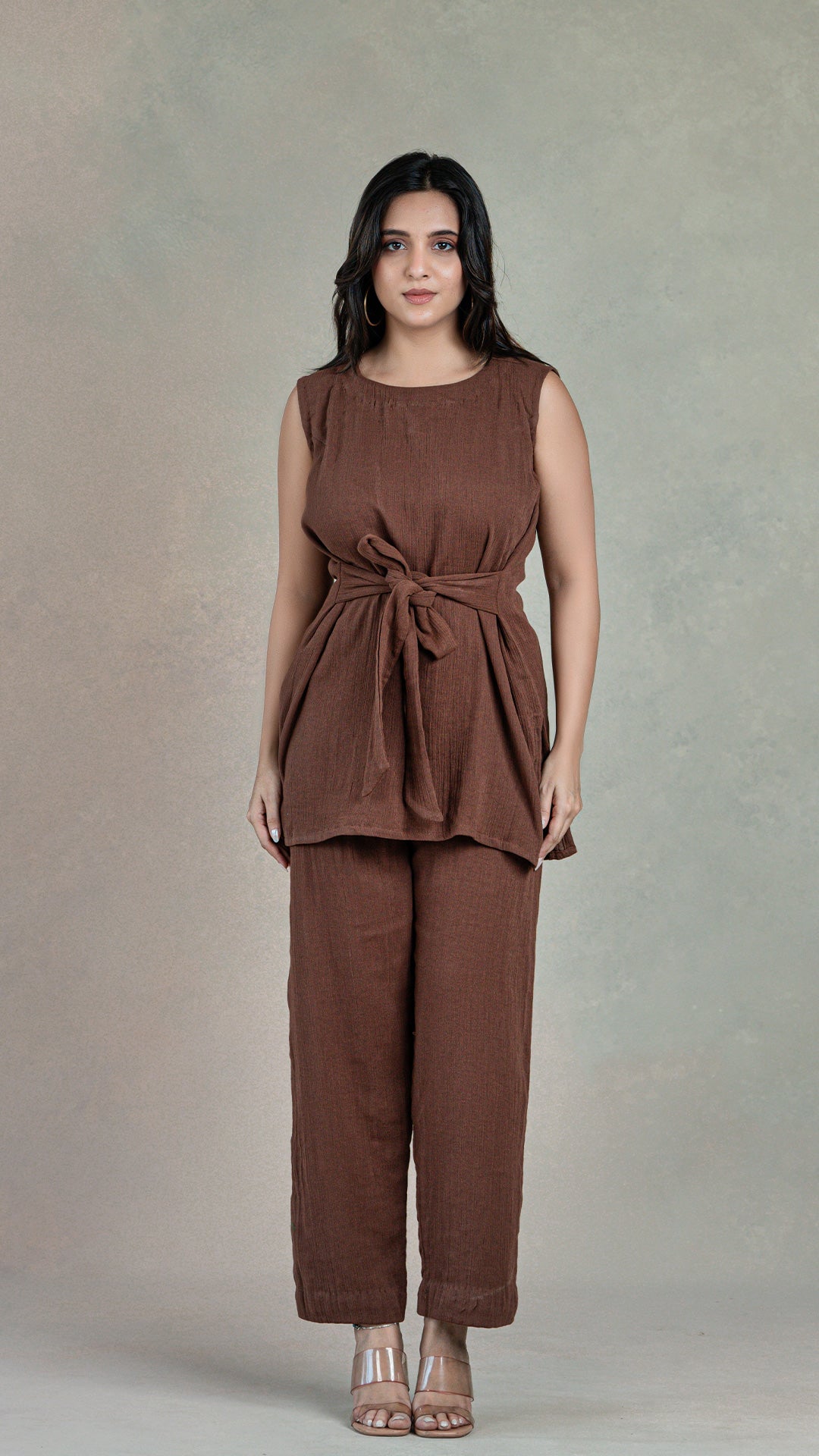 Brown Co-ord Set In Crinkled Cotton