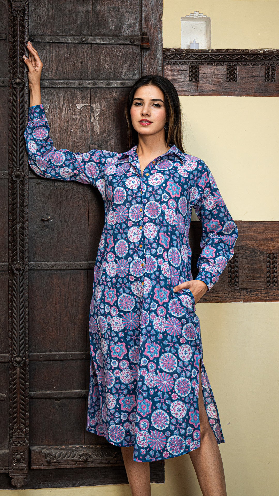 Zeel Sanganeri Print Cotton Shirt Dress - Blue