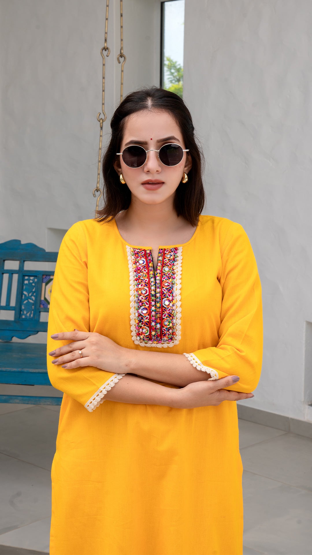 Yellow Cotton Kurta With Embroidered Patch