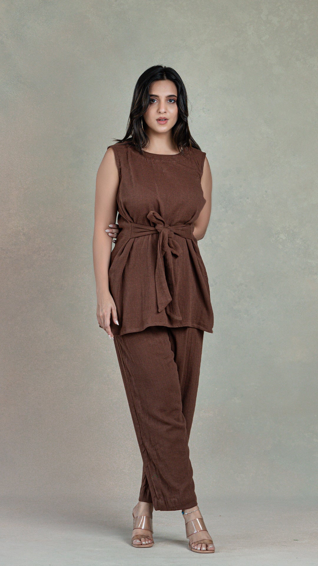 Brown Co-ord Set In Crinkled Cotton