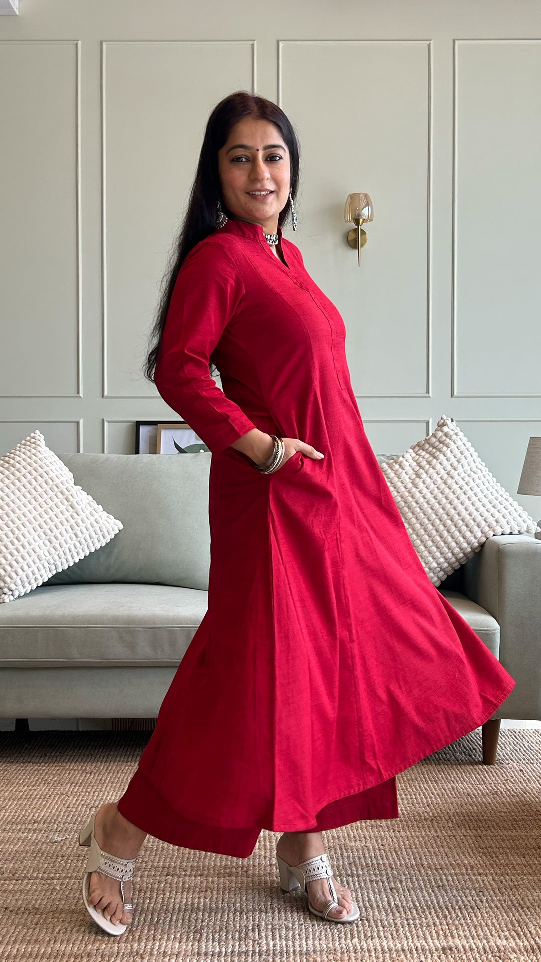 Solid Red Hand Woven Kali Cotton Kurta