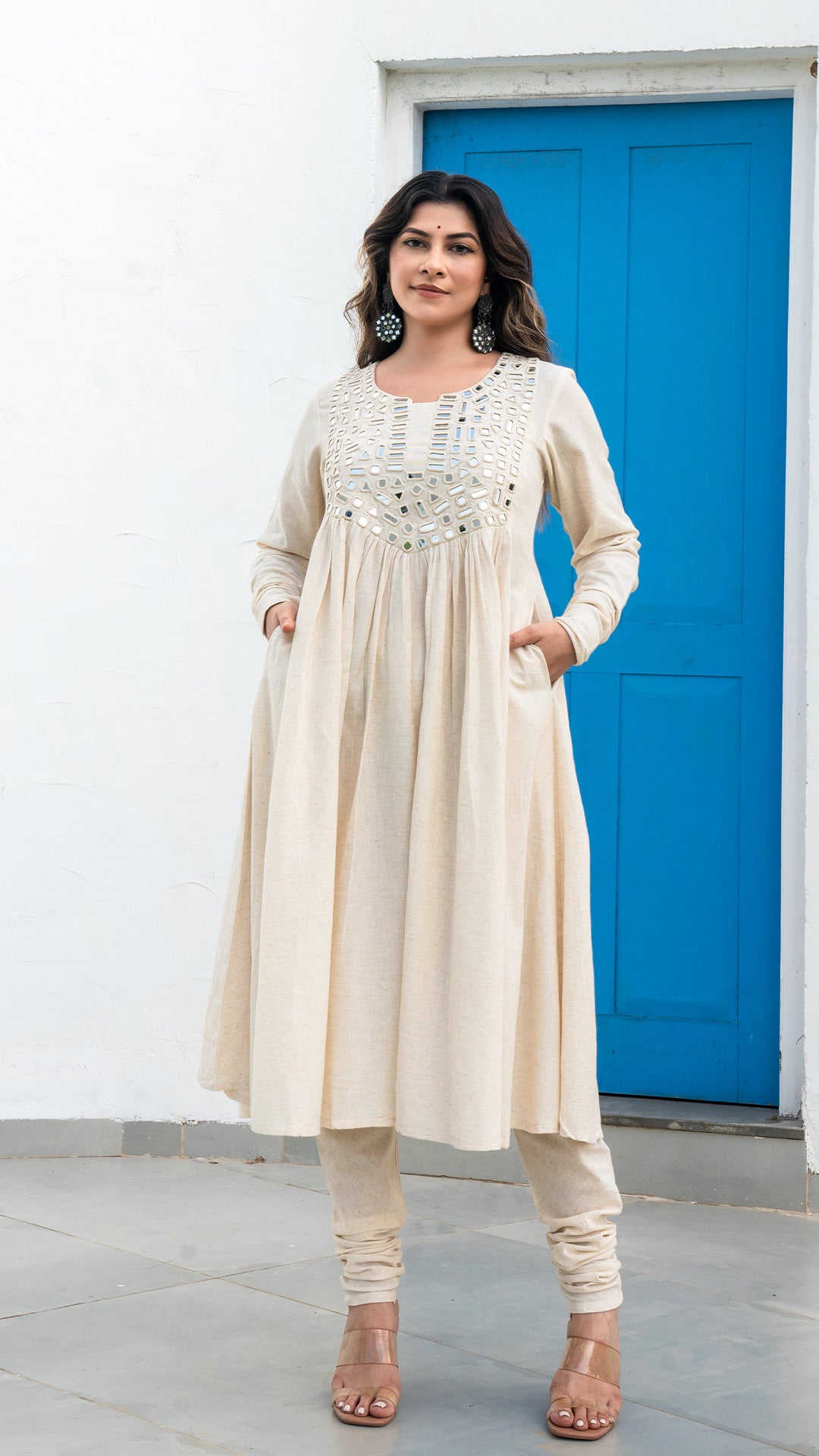 Ivory Mirror Embroidered Kurta In Cotton